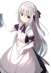 Rule 34 | 1girl, apron, black dress, cleaning, cloth, dress, elbow gloves, gloves, long hair, looking at viewer, maid, maid headdress, original, purple eyes, silver hair, simple background, solo, usume shirou, white apron, white background, white gloves