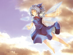 Rule 34 | 1girl, barefoot, blue hair, bow, cirno, cloud, closed eyes, female focus, flying, full body, hair bow, maki (seventh heaven maxion), outdoors, outstretched arms, ponytail, ribbon, short hair, sky, solo, spread arms, touhou, wings