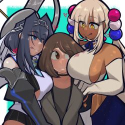 Rule 34 | 1boy, 2girls, absurdres, black hair, blue eyes, boltycat, breast press, breasts, brown eyes, brown hair, choker, closed mouth, collarbone, commission, dark-skinned female, dark skin, elbow gloves, gloves, hair intakes, highres, hololive, hololive english, large breasts, licking lips, long hair, looking at another, multiple girls, original, ouro kronii, short hair, sideboob, tongue, tongue out, tsukumo sana, twintails, virtual youtuber, white gloves