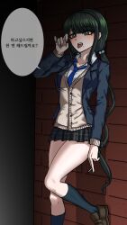 Rule 34 | 1girl, black socks, blue necktie, brown cardigan, brown footwear, cardigan, chabashira tenko, collarbone, collared shirt, danganronpa (series), danganronpa v3: killing harmony, green eyes, green hair, green hairband, green skirt, hairband, highres, kneehighs, long hair, low twintails, miniskirt, mole, mole under mouth, monja (jyamong 0907), necktie, official alternate costume, oral invitation, plaid, plaid skirt, shirt, shoes, skirt, socks, solo, speech bubble, stone wall, teeth, tongue, tongue out, translation request, twintails, upper teeth only, wall, white shirt