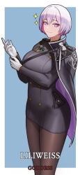 Rule 34 | + +, 1girl, absurdres, black cape, black dress, black pantyhose, blue eyes, cape, character name, closed mouth, colored inner hair, cowboy shot, dress, earrings, gloves, goddess of victory: nikke, highres, jewelry, liliweiss (nikke), military uniform, multicolored hair, pantyhose, pink hair, purple cape, short hair, siyeong, smile, solo, star-shaped pupils, star (symbol), symbol-shaped pupils, two-tone cape, uniform, white gloves, white hair