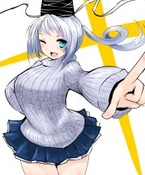 Rule 34 | 1girl, breasts, female focus, green eyes, han (jackpot), hat, huge breasts, miniskirt, mononobe no futo, one eye closed, open mouth, ponytail, ribbed sweater, short hair, silver hair, skirt, smile, solo, sweater, tate eboshi, touhou, white background, wink