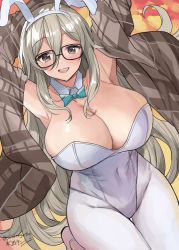 Rule 34 | 1girl, akane (blue archive), akane (bunny) (blue archive), animal ears, aqua bow, aqua bowtie, black-framed eyewear, blue archive, bow, bowtie, breasts, brown eyes, detached collar, fake animal ears, glasses, gradient background, highres, large breasts, leotard, light brown hair, mizuta kenji, pantyhose, plaid shawl, playboy bunny, rabbit ears, red background, shawl, signature, solo, strapless, strapless leotard, traditional bowtie, twitter username, white leotard, white pantyhose