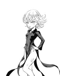 Rule 34 | absurdres, breasts, curly hair, greyscale, hands on own hips, highleg, highleg dress, highres, monochrome, navel, one-punch man, open mouth, small breasts, tagme, tatsumaki
