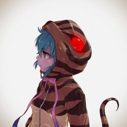Rule 34 | 10s, 1girl, blue hair, breasts, bright pupils, brown eyes, closed mouth, frown, hair between eyes, hood, hood up, kemono friends, nose, pink ribbon, profile, realistic, ribbon, short hair, small breasts, snake tail, solo, striped tail, tail, tail raised, takami masahiro, tsuchinoko (kemono friends), upper body, white pupils