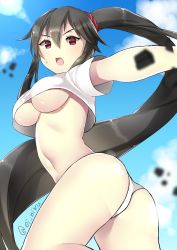 Rule 34 | 10s, 1girl, alternate costume, ass, bad id, bad pixiv id, black hair, breasts, buta tamako, cloud, cloudy sky, cowboy shot, day, from below, glasses, highres, kantai collection, large breasts, long hair, looking at viewer, navel, no bra, ponytail, red eyes, rimless eyewear, shirt, short hair, sky, solo, thighhighs, twitter username, underboob, upper body, upshirt, very long hair, white shirt, yahagi (kancolle)