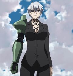 Rule 34 | 10s, 1girl, akame ga kill!, breasts, cloud, eyepatch, female focus, highres, large breasts, single mechanical arm, najenda, purple eyes, screencap, short hair, solo, standing, stitched, third-party edit, white hair