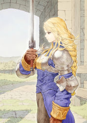 Rule 34 | 1girl, absurdres, agrias oaks, armor, blonde hair, braid, brown gloves, brown pants, crosshatching, final fantasy, final fantasy tactics, gloves, hatching (texture), highres, holding, holding sword, holding weapon, knight, pants, shinichi kobe, solo, sword, weapon, yellow eyes