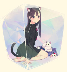 Rule 34 | 1girl, animal ears, artist name, barefoot, beige background, black serafuku, blush, brown eyes, cat, cat ears, cat girl, cat tail, closed mouth, hello kitty, in container, long hair, looking at viewer, looking back, morifumi, neckerchief, original, purple hair, purple neckerchief, sanrio, school uniform, seiza, serafuku, signature, simple background, sitting, solo, straight hair, tail, thick eyebrows
