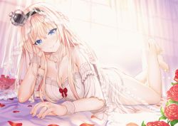 Rule 34 | 10s, 1girl, aldehyde, animated, animated gif, arm strap, ass, bare shoulders, barefoot, bed, bed sheet, blonde hair, blue eyes, bra, braid, breasts, bridal veil, collarbone, colored eyelashes, crown, curtains, detached sleeves, english text, feet, flower, french braid, full body, hair between eyes, hairband, halterneck, jewelry, kantai collection, large breasts, long hair, looking at viewer, lying, mini crown, on stomach, panties, parted lips, perspective, petals, red flower, red rose, ring, rose, solo, strap slip, thighs, underwear, veil, warspite (kancolle), wedding band, white bra, white panties