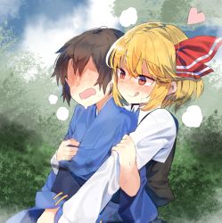 Rule 34 | 1boy, 1girl, bad id, bad nicoseiga id, blonde hair, blush, commentary request, day, faceless, faceless male, hair ribbon, heart, heavy breathing, hetero, implied handjob, japanese clothes, licking lips, long sleeves, outdoors, red eyes, red ribbon, ribbon, rumia, sash, short hair, suminagashi, tongue, tongue out, touhou, upper body, vest