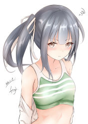 Rule 34 | 1girl, bikini, bikini top only, blush, breasts, brown eyes, closed mouth, commentary request, dakkusu, green bikini, grey hair, hair ribbon, highres, kantai collection, kasumi (kancolle), long hair, looking at viewer, ribbon, side ponytail, signature, simple background, small breasts, solo, squiggle, striped bikini, striped clothes, swimsuit, v-shaped eyebrows, white background, white ribbon