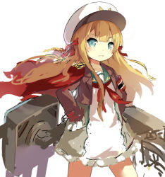 Rule 34 | 1girl, :t, aged down, armband, blonde hair, blue eyes, blush, bow, cannon, cape, deutschland (warship girls r), dress, flat chest, frilled dress, frills, hair bow, hair ribbon, hand in pocket, hat, jacket, lino-lin, long hair, long sleeves, looking at viewer, machinery, military, military hat, military jacket, military uniform, open clothes, open jacket, red bow, red cape, red ribbon, ribbon, sailor collar, sailor dress, simple background, solo, standing, turret, unfinished, uniform, warship girls r, white background, white hat