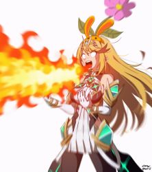 Rule 34 | 1girl, animal ears, bare shoulders, black pantyhose, blonde hair, breath weapon, breathing fire, chest jewel, curry, dress, earrings, elbow gloves, fire, flower, flower on head, food, gem, gloves, headpiece, highres, jewelry, long hair, mario (series), mythra (massive melee) (xenoblade), mythra (xenoblade), nintendo, open mouth, pain, pantyhose, piko han, rabbit ears, screaming, short dress, solo, super smash bros., swept bangs, the legend of zelda, tiara, very long hair, white background, white dress, white gloves, wide-eyed, xenoblade chronicles (series), xenoblade chronicles 2