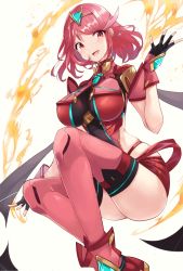 Rule 34 | 1girl, black gloves, breasts, chest jewel, earrings, fingerless gloves, gem, gloves, headpiece, highres, jewelry, large breasts, pyra (xenoblade), red eyes, red hair, red shorts, red thighhighs, risumi (taka-fallcherryblossom), short hair, shorts, swept bangs, thighhighs, tiara, xenoblade chronicles (series), xenoblade chronicles 2