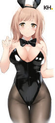 Rule 34 | 1girl, absurdres, animal ears, black bow, black bowtie, black leotard, black pantyhose, bow, bowtie, breasts, brown eyes, brown hair, cleavage, commentary, cowboy shot, detached collar, english commentary, fake animal ears, gluteal fold, highres, idolmaster, idolmaster cinderella girls, idolmaster shiny colors, kebohan, large breasts, leotard, looking at viewer, medium hair, pantyhose, playboy bunny, rabbit ears, sakuragi mano, shiny clothes, solo, strapless, strapless leotard, thigh gap
