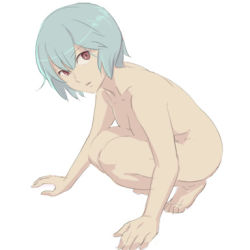 Rule 34 | 1girl, arm support, ayanami rei, barefoot, bent over, blue hair, breasts, collarbone, completely nude, female focus, looking at viewer, lowres, mebae, neon genesis evangelion, nude, pale skin, parted lips, red eyes, short hair, simple background, small breasts, solo, squatting, white background