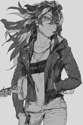 Rule 34 | 1girl, alternate costume, alternate universe, black hair, blackbird, carciphona, commentary, denim, english text, eyes visible through hair, greyscale, instrument, jacket, jeans, looking at viewer, monochrome, multicolored hair, pants, shilin, shirt, sketch, solo, two-tone hair, violin, white hair