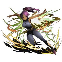 Rule 34 | 10s, 1girl, armpits, bare shoulders, bleach, bodysuit, breasts, dark skin, dark-skinned female, divine gate, floating hair, full body, hair ribbon, large breasts, leg up, long hair, looking at viewer, official art, outstretched arms, ponytail, purple hair, red ribbon, ribbon, shihouin yoruichi, sideboob, sleeveless, solo, transparent background, ucmm, yellow eyes