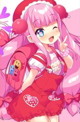Rule 34 | 1girl, backpack, bag, blue eyes, blunt bangs, blush, bombergirl, bow, copyright name, fang, hair bow, heart, heart-shaped pupils, highres, long hair, looking at viewer, momoko (bombergirl), msp sammy, one eye closed, open mouth, overalls, pink hair, randoseru, red bow, shirt, smile, solo, symbol-shaped pupils, v, very long hair