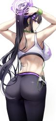 Rule 34 | 1girl, arms up, ass, back, bare arms, black hair, blue archive, cowboy shot, ddangbi, earphones, halo, highres, long hair, looking at viewer, looking back, pants, purple eyes, solo, sports bra, sportswear, sumire (blue archive), thighs, wristband, yoga pants