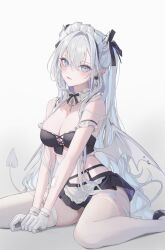 Rule 34 | 1girl, absurdres, arm garter, bandaid, bandaid on arm, bikini, black bikini, black ribbon, breasts, cleavage, demon horns, demon tail, demon wings, detached collar, ear piercing, earrings, gloves, grey hair, hair ribbon, head tilt, highres, horns, jewelry, large breasts, long hair, looking at viewer, magako, maid, maid bikini, maid headdress, neck ribbon, original, piercing, pointy ears, ribbon, simple background, sitting, solo, swimsuit, tail, thighhighs, unconventional maid, very long hair, wariza, white background, white gloves, white thighhighs, wings