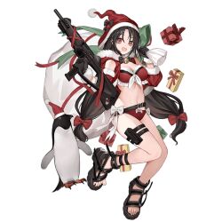 Rule 34 | 1girl, bag, bare shoulders, bell, belt, bikini, bird, black belt, black bow, black bowtie, black footwear, black gloves, black hair, bow, bowtie, box, bra, breasts, carbine, christmas, christmas ornaments, cleavage, cx4 storm (girls&#039; frontline), cx4 storm (poolside xmas encounter) (girls&#039; frontline), extended magazine, full body, fur-trimmed bra, fur-trimmed gloves, fur-trimmed hood, fur-trimmed skirt, fur trim, gift, gift box, girls&#039; frontline, gloves, gun, haijin, hair between eyes, hair bow, hat, high-capacity magazine, holding, holding bag, holding gun, holding weapon, holster, hood, legs, long hair, looking at viewer, low twintails, medium breasts, navel, neck bell, official alternate costume, official art, open mouth, penguin, pistol-caliber carbine, red bikini, red bow, red bra, red eyes, red hat, red hood, red skirt, rifle, sandals, santa bikini, santa bra, santa hat, skirt, smile, solo, standing, submachine gun, swimsuit, thighs, toes, transparent background, twintails, underwear, weapon