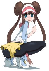 Rule 34 | 1girl, ass, black pantyhose, blue eyes, blue footwear, blush, breasts, brown hair, creatures (company), double bun, embarrassed, female focus, from behind, full body, game freak, hair bun, hair tie, hand up, hat, highres, long hair, looking back, looking to the side, medium breasts, nintendo, open mouth, pantyhose, pink hat, pink socks, pokemon, pokemon bw2, rayphenos, rosa (pokemon), shirt, shoes, shorts, simple background, socks, solo, squatting, sweat, twintails, visor cap, white background, white hat, white shirt, yellow shorts