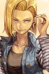 Rule 34 | &gt;:), 1girl, adjusting hair, android 18, arm up, black shirt, blonde hair, blue eyes, bob cut, buttons, collarbone, cropped jacket, denim, denim jacket, dragon ball, dragonball z, earrings, hoop earrings, hungry clicker, jacket, jewelry, layered clothes, long sleeves, shirt, short hair, simple background, solo, striped, striped sleeves, torn clothes, torn sleeves, upper body, v-shaped eyebrows