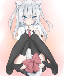 Rule 34 | 1girl, animal ear fluff, animal ears, black thighhighs, blue eyes, blush, bow, cat ears, cat tail, closed mouth, copyright request, grey hair, highres, kamu (geeenius), long hair, looking at viewer, necktie, puffy short sleeves, puffy sleeves, red bow, red necktie, short sleeves, solo, tail, tail bow, tail censor, tail ornament, thighhighs, two side up