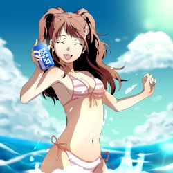 Rule 34 | 1girl, bikini, breasts, brown hair, cleavage, closed eyes, copyright name, front-tie bikini top, front-tie top, holding, kujikawa rise, long hair, navel, ocean, open mouth, outdoors, persona, persona 4, side-tie bikini bottom, sideboob, sky, solo, striped bikini, striped clothes, swimsuit, water