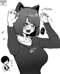 Rule 34 | 2girls, absurdres, animal ears, artist name, bob cut, breasts, cat ears, chibi, closed eyes, collarbone, desyana laurentia, english text, fake animal ears, fangs, glasses, highres, jewelry, large breasts, long sleeves, medium hair, multiple girls, nail polish, necklace, norman maggot, olive laurentia, open mouth, original, paw pose, pixie cut, reluctant, short hair, siblings, simple background, sisters, smile, solo focus, swept bangs, upper body
