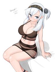 Rule 34 | 1girl, absurdres, bikini, black bikini, breasts, cleavage, clothes writing, feet out of frame, front-tie bikini top, front-tie top, grey eyes, grey hair, hair between eyes, headband, highres, kantai collection, large breasts, long hair, looking at viewer, maru (marg0613), official alternate costume, one-hour drawing challenge, one side up, see-through, see-through skirt, simple background, sitting, skirt, solo, suzutsuki (kancolle), swimsuit, white background