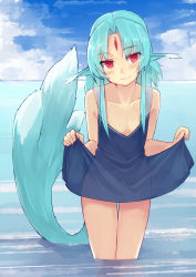 Rule 34 | 1girl, animal ears, bare arms, bare shoulders, blue dress, blue hair, blush, breasts, clothes lift, day, dress, dress lift, facial mark, forehead mark, head tilt, highres, lifting own clothes, long hair, looking at viewer, ocean, original, outdoors, parted lips, pen (pen3), red eyes, see-through silhouette, small breasts, smile, solo, standing, tail, thigh gap, wading