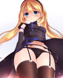 Rule 34 | 1girl, black dress, black gloves, black hairband, black panties, blonde hair, blue eyes, blush, breasts, brown thighhighs, closed mouth, commentary request, cowboy shot, dress, elbow gloves, expressionless, floating hair, from below, garter belt, gloves, gradient background, groin, hair between eyes, hairband, highres, legs together, light particles, long hair, looking down, navel, neit ni sei, original, panties, shiny skin, short dress, short sleeves, sidelocks, small breasts, solo, standing, swept bangs, thighhighs, thighs, turtleneck, twintails, underwear, white background, wind
