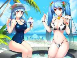 Rule 34 | + +, 2girls, animal print, bell, bikini, blue hair, blush, boat, bracelet, breasts, cherry, choker, cleavage, collar, covered navel, cow print, cowbell, female focus, food, fruit, hair bobbles, hair ornament, hat, ice cream, jewelry, large breasts, long hair, luthica preventer, multiple girls, navel, neck bell, one-piece swimsuit, outdoors, palm tree, parfait, partially submerged, pool, red eyes, school swimsuit, shiny skin, sitting, smile, snowball22, soaking feet, spoon, strap gap, sun hat, swimsuit, sword girls, tree, twintails, water, watercraft