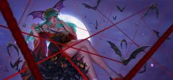 Rule 34 | 1girl, bare shoulders, bats, breasts, capcom, cleavage, demon girl, green eyes, green hair, hair ornament, head wings, highres, japanese clothes, large breasts, long hair, looking at viewer, morrigan aensland, official art, teppen, vampire (game), wings