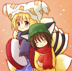 Rule 34 | 2girls, animal ears, bad id, bad pixiv id, blue eyes, blush, cat ears, cat girl, cat tail, chen, coat, eijima moko, closed eyes, female focus, fox ears, fox tail, happy, hat, lowres, mittens, multiple girls, multiple tails, scarf, smile, tail, touhou, winter clothes, yakumo ran