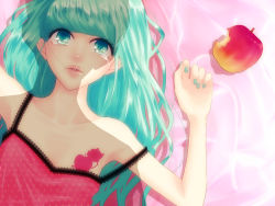 Rule 34 | 1girl, alternate hairstyle, apple, aqua eyes, aqua hair, aqua nails, arms up, camisole, collarbone, cup, flower, food, fruit, hair in own mouth, hatsune miku, lips, long hair, lying, nail polish, nose, on back, romeo to cinderella (vocaloid), rose, shadow, solo, strap slip, tattoo, tears, twintails, vocaloid, yunomi, yunomi (yunomi imonuy)
