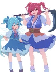 Rule 34 | 2girls, :d, :o, blue bow, blue dress, blue eyes, blue hair, blue kimono, bow, breasts, cirno, cleavage, coin, collared shirt, commentary request, dress, hair bobbles, hair bow, hair ornament, highres, holding, holding scythe, japanese clothes, kimono, large breasts, looking at another, mikan (manmarumikan), multiple girls, obi, onozuka komachi, open mouth, pinafore dress, red eyes, red hair, sash, scythe, shirt, short hair, short sleeves, simple background, sleeveless dress, smile, socks, standing, touhou, two side up, white background, white shirt, white socks