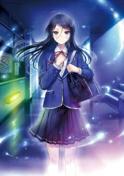 Rule 34 | 1girl, ahoge, bag, black hair, black skirt, blazer, blush, brown eyes, buttons, carrying, carrying under arm, ceiling, clenched hands, collared shirt, hand on own chest, hanekoto, highres, jacket, knees, light particles, light trail, long hair, long sleeves, looking at viewer, neck ribbon, no smoking, official art, original, parted bangs, pleated skirt, red ribbon, ribbon, school bag, school uniform, shirt, skirt, solo, stairs, tiles, white shirt, window