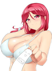 Rule 34 | 1girl, absurdres, bare shoulders, bikini, blush, breasts, cleavage, closed mouth, collarbone, covered erect nipples, hair between eyes, highres, large breasts, long hair, low-tied long hair, mokkori9, original, red eyes, red hair, solo, swimsuit, upper body, white background, white bikini