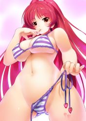 Rule 34 | 1girl, absurdres, bikini, breasts, crotch, finger to mouth, from below, highres, imaoka, kousaka tamaki, large breasts, long hair, looking at viewer, naughty face, navel, red hair, side-tie bikini bottom, simple background, solo, striped bikini, striped clothes, swimsuit, to heart, to heart (series), to heart 2, underboob, untied bikini, yellow eyes