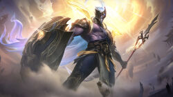 Rule 34 | 1boy, beard, cloud, commentary, dust, english commentary, facial hair, glowing, glowing eyes, helmet, highres, holding, holding polearm, holding shield, holding weapon, league of legends, league of legends: wild rift, legs apart, lunar guardian pantheon, male focus, muscular, muscular male, official alternate costume, official alternate hairstyle, official art, outdoors, pantheon (league of legends), polearm, serious, shield, solo, standing, sunlight, weapon, white hair, yellow eyes