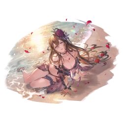 Rule 34 | 1girl, beach, bikini, breasts, brown hair, choker, cleavage, falling petals, flower, full body, granblue fantasy, large breasts, long hair, lying, minaba hideo, nail polish, official art, partially submerged, petals, purple bikini, purple eyes, red flower, red rose, rose, rose queen, rosetta (granblue fantasy), sand, sandals, solo, swimsuit, third-party source, thorns, transparent background, water