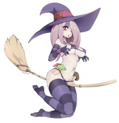 Rule 34 | 10s, 1girl, bad id, bad twitter id, bikini, breasts, broom, broom riding, brown hair, hair over one eye, hat, highres, little witch academia, long hair, looking at viewer, medium breasts, mushroom, navel, open mouth, pale skin, phallic symbol, purple bikini, red eyes, simple background, slugbox, solo, striped clothes, striped thighhighs, sucy manbavaran, swimsuit, thick thighs, thighhighs, thighs, white background, witch, witch hat