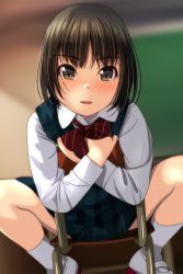 Rule 34 | 1girl, absurdres, black hair, blue dress, blurry, blurry background, blush, bow, brown eyes, chair, collared shirt, crossed arms, depth of field, diagonal stripes, dress, highres, indoors, long sleeves, looking at viewer, matsunaga kouyou, nose blush, on chair, original, parted lips, pleated dress, red bow, school chair, school uniform, shirt, shoes, short hair, sitting, sitting backwards, sleeveless, sleeveless dress, smile, socks, solo, striped, striped bow, teeth, upper teeth only, uwabaki, white footwear, white shirt, white socks