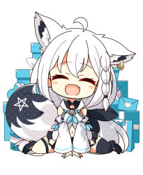 Rule 34 | 1girl, 7:08, absurdres, ahoge, animal ear fluff, animal ears, black bow, black footwear, black shorts, blush, bow, braid, breasts, chibi, closed eyes, commentary request, detached sleeves, ear down, earrings, envelope, extra ears, fang, fox ears, fox girl, fox tail, gift, hair between eyes, hair bow, highres, hololive, hood, hoodie, jewelry, long hair, medium breasts, midriff, navel, open mouth, pentagram, shirakami fubuki, shirakami fubuki (1st costume), short shorts, shorts, sidelocks, simple background, single braid, single thighhigh, sitting, skin fang, smile, solo, tail, thigh strap, thighhighs, virtual youtuber, wariza, white background, white hair, white hoodie