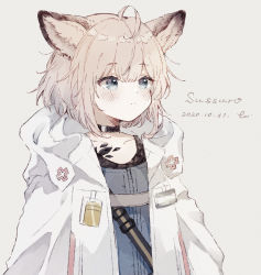 Rule 34 | 1girl, ahoge, animal ears, arknights, blue eyes, character name, commentary, dated, figmnts, fox ears, grey background, id card, light brown hair, looking away, material growth, oripathy lesion (arknights), short hair, simple background, solo, sussurro (arknights), upper body