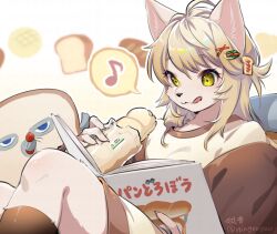 Rule 34 | 1girl, :3, :q, ahoge, animal ears, animal nose, book, bread, dog ears, dog girl, eating, food, food-themed background, food-themed hair ornament, furry, furry female, hair ornament, holding, holding book, holding food, ko-on (ningen zoo), musical note, original, reading, shirt, socks, solo, spoken musical note, tongue, tongue out, twitter username, white hair, x hair ornament, yellow eyes